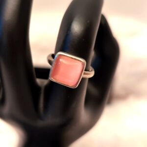 Silver Toned Ring With Square Pink Focus